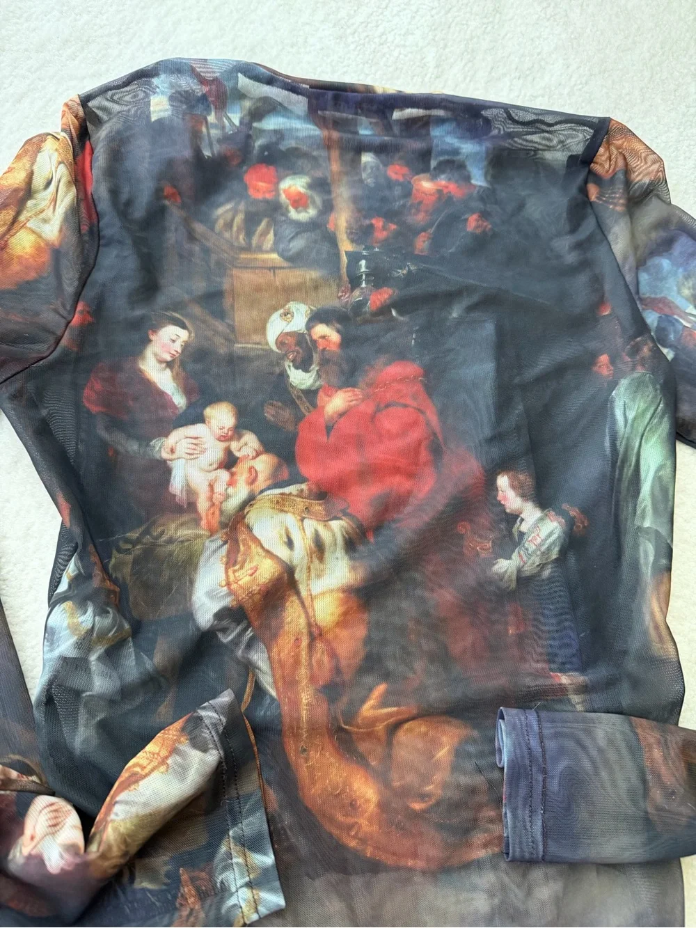 Akira Renaissance Print Sheer Mesh Bodysuit in Dark MultiColor - Picture 2 of 7